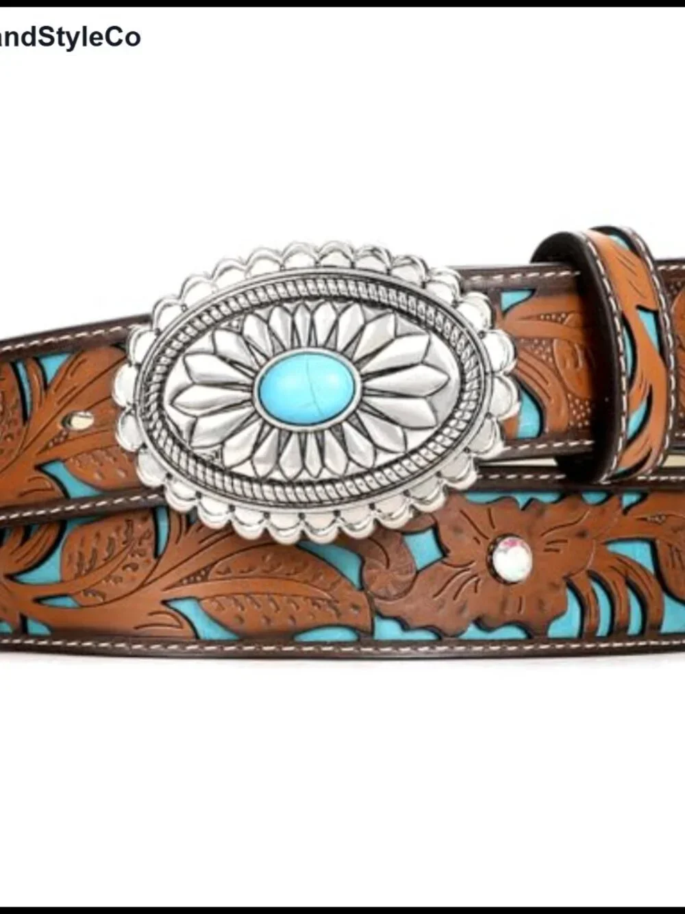 Western Leather Belt with Turquoise Concho Buckle for Women, 1.5 Inch,